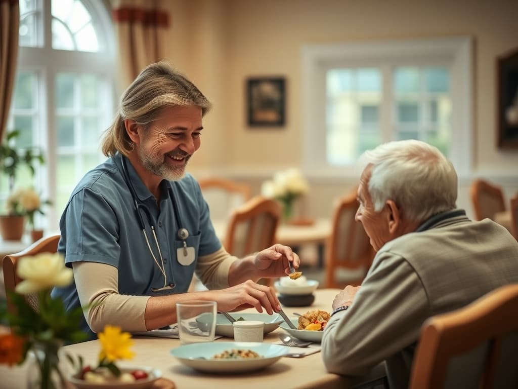 Caregiver assisting a resident during mealtime in a senior living dining room