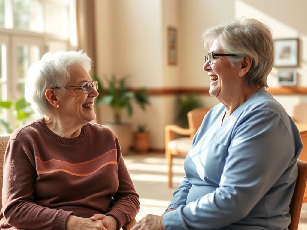 Caregiver and resident laughing together in a sunny senior living common room